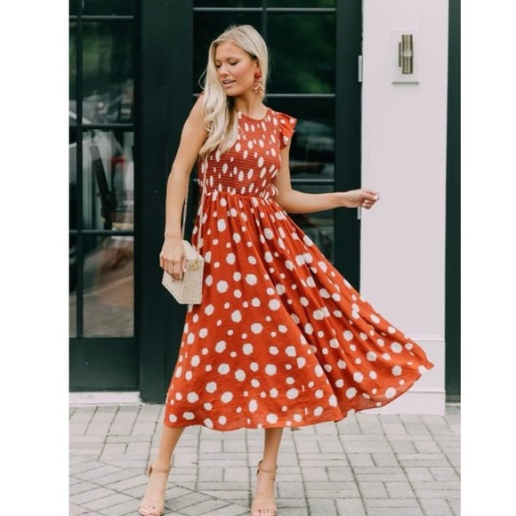 THML Rust Polka Dot Smocked Flutter Sleeve Dress - Picture 4 of 15